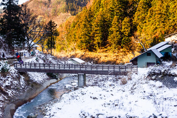 Bridge Above Water Stream Druing Winter in Japan