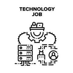 Technology Job Vector Icon Concept. Programmer It Worker Developing Software Code On Computer At Working Desk, Programming Robot And Support Server Technology Job Black Illustration