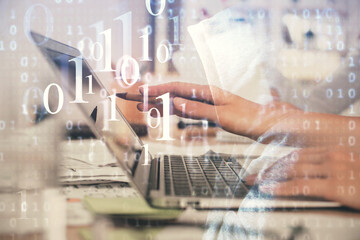 Multi exposure of woman hands working on computer and data theme hologram drawing. Tech concept.