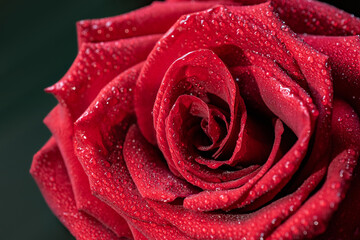 A beautiful red rose with many camels on its petals on a dark background. Macro photo
