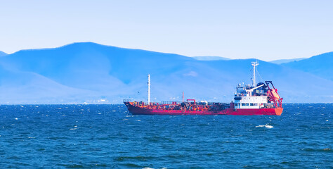 selective focus bulk cargo ship to harbor quayside Vladivostok