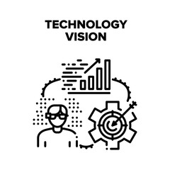 Technology Vision Of Future Vector Icon Concept. Virtual Reality Vr Glasses Device And Smart Gadget, Technology Vision And Innovation. Process Of Development And Production Black Illustration