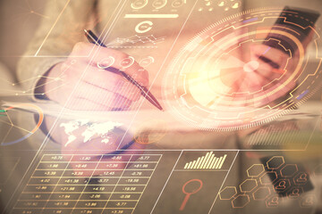 Double exposure of technology sketch hologram and woman holding and using a mobile device.