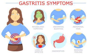 Woman with gastritis vector illustrations set. Digestive system disease symptoms, vomiting and nausea, stomach pain, indigestion isolated on white background. Gastritis, medicine, health concept