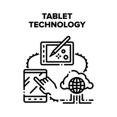 Tablet Technology Device Vector Icon Concept. Digital Tablet Technology With Cloud Storaging Service For Drawing Images And Communication. Portable Electronic Computer Black Illustration