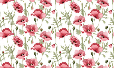 Hand drawn watercolor seamless pattern with meadow wild flowers. Red Poppy flowers pattern