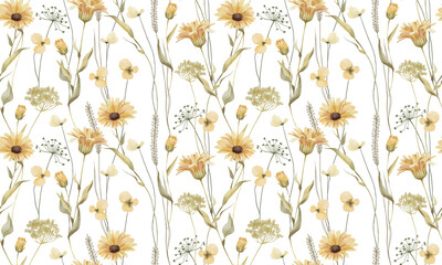 Hand drawn watercolor seamless pattern with meadow wild flowers.  Calendula flowers pattern - obrazy, fototapety, plakaty