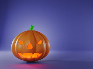 Ghost face pumpkin rests on purple background