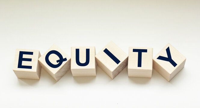 EQUITY word consisting of building blocks on white isolated background