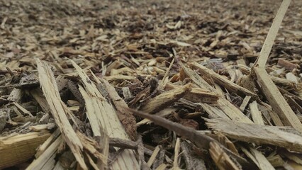 Biofuel chips. A pile of wood chips for heating industrial boilers close-up. Background and texture