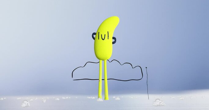 Creative Minimal 3d art. Animated stylish funny character in clouds design space. Trendy color combination, loop motion, 4k video.