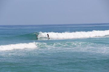 surfers catch high powerful waves of the Atlantic Ocean on the islands of the Caribbean