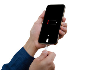Close-up view of smartphone charging Low battery, White USB Cable Connected With Mobile Phone on the white background