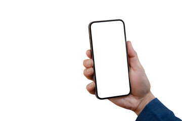 Isolated hands and smartphone on white background, Mockup image of hand holding mobile phone, man hand holding modern black phone in vertical position, clipping path