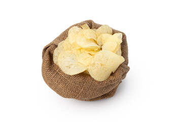 Fried potato slice in sack on white background
