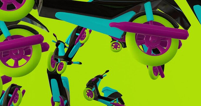 Creative Minimal 3d art. Animated stylish scooter in yellow  abstract space. Trendy color combination, dynamics, Loop motion, 4k video.