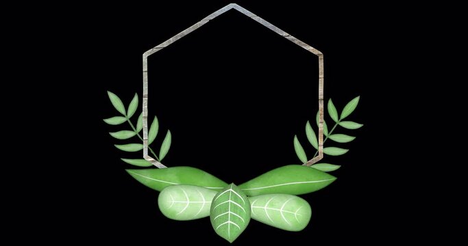 Stylized drawing frame made of animated leaves with wooden edging. An endlessly looped vegetable underlay with a blank space for text or information. Floral sign with transparent background.