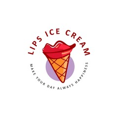 Healthy Ice Cream Gelato Dessert Summer Food Creamy Logo Design. Lips Ice Cream Pink Color Homemade Sign. Lips Cone Waffle Illustration Template Creative