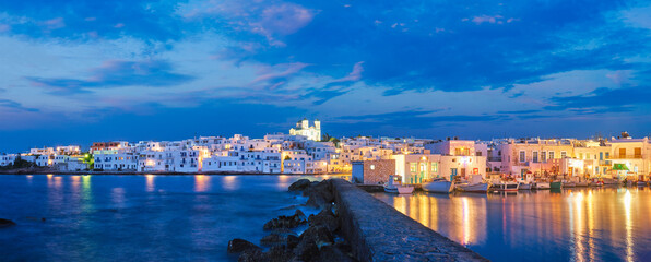 Panorama of picturesque Naousa town on Paros island, Greece in the night