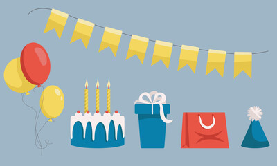 Set of holiday attributes. Party items in cartoon style