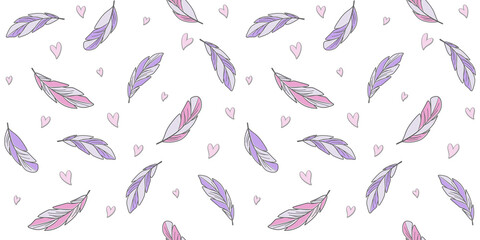 Violet and pink feathers on a white background with small heart. Endless texture with abstract bird feathers. Vector seamless pattern for wallpaper, wrapping paper, packaging, wrapper, surface texture