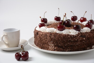 Black forest cake, Schwarzwald pie, dark chocolate and cherry dessert on a white background. Black...
