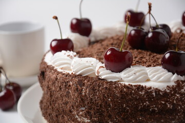 Black forest cake, Schwarzwald pie, dark chocolate and cherry dessert on a white background. Black forest cake decorated with whipped cream and cherries.