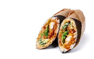  Sushi burrito , sushirrito, with shrimp rice, spice sauce, cucummber, lettuce, nori, on a white background. 