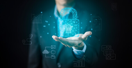 Businessman holding Big key Security to online Shopping  and icons in graph Screen Icon of a media screen,Technology Process System Business concept. online Shopping and Protection Hacker concept.