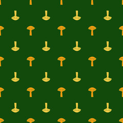 Yellow and orange colored mushrooms shapes seamless pattern. Green dark background. Decorative print.