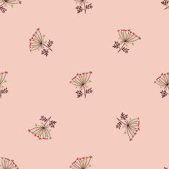 Seamless floral pattern with little yarrow cute silhouettes print. Pastel pink background. Simple backdrop.