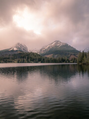 Mountain lake with snowy mountains in the background and cloudy sky.