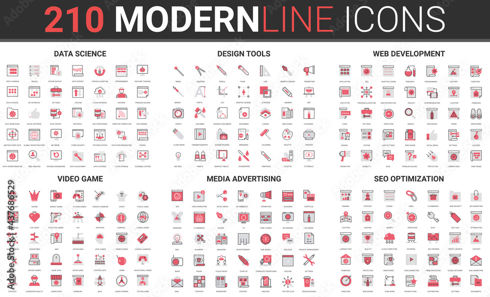 Aufkleber Website design tools, web development, video game thin red black line icon vector illustration set. Linear data science research, seo optimization, social media advertising business vision collection