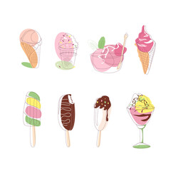 Vector Sets of delicious multi-colored ice cream in the contour style, isolated on a white background. Summer sweets