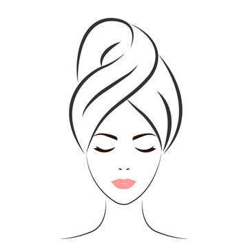A young woman wearing a towel on her head. Hand drawn portrait of a beautiful woman. Sketch. Vector illustration. Spa beauty concept. A line of girls isolated on a white background.