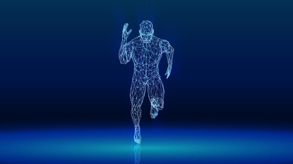 3D rendering running man from lines.point connecting network on blue background.