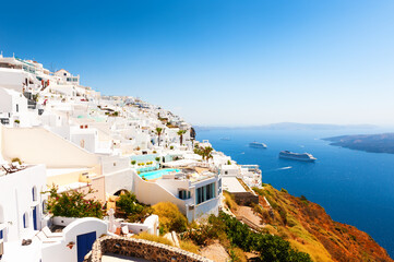 Fototapeta premium White architecture on Santorini island, Greece. Summer landscape, sea view. Famous travel destination