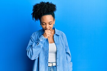 Obraz na płótnie Canvas Young african american girl wearing casual clothes feeling unwell and coughing as symptom for cold or bronchitis. health care concept.
