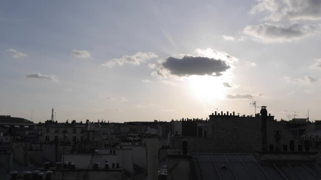 time laps spring sunset and moonrise overlooking parisian rooftops and Eiffel tower in 4k
