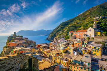 Fototapeta na wymiar Vernazza, Colorful cityscape on the mountains over Mediterranean sea in Cinque Terre Italy