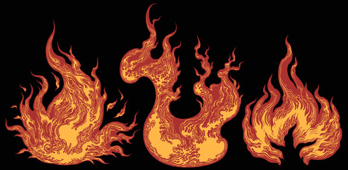 Puffs of flame. Design set. Editable hand drawn illustration. Vector vintage engraving. Isolated on black background. 8 EPS - 437688329