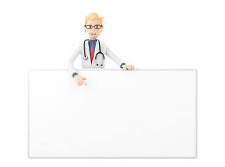 Smiling doctor cartoon guy character with big banner and place for text medical 3d illustration.