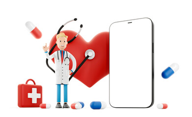 Cartoon doctor near a big red heart and mobile phone. Medical health care concept. Call your doctor for health protection against heart attack. 3d illustration