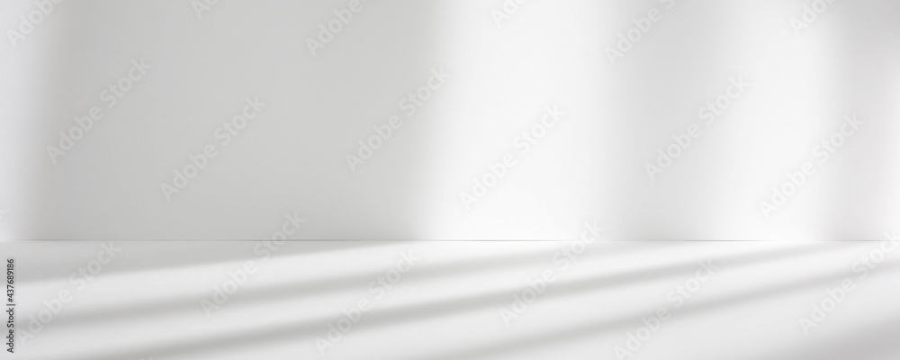 Poster Abstract white studio background for product presentation. Empty room with shadows of window. Display product with blurred backdrop. Banner