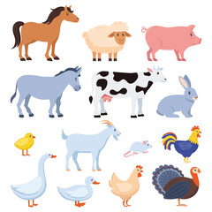 Farm animals set isolated. Horse, cow, goat, sheep, pig, rabbit, chicken, rooster, duck, goose, chick, turkey, mouse. Vector flat design illustration.