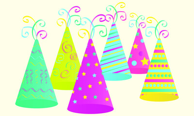 party hats of different colors with patterns on a light background. holiday caps for making cards, posters and flyers