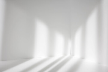 Empty white corner. Abstract studio background for product presentation. 3d room with shadows of window. Minimalistic space concept with blurred backdrop.