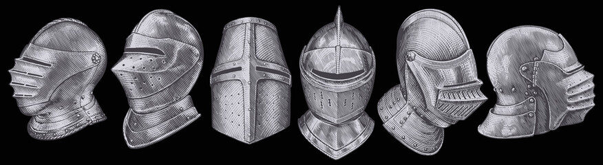 Medieval Knight's Helmets. Design set. Hand drawn engraving. Editable vector vintage illustration. Isolated on black background. 8 EPS - 437689190