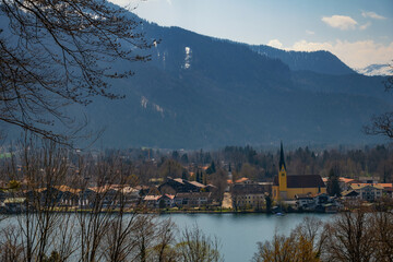 Obraz premium Tegernsee, Germany. Lake Tegernsee in Rottach-Egern (Bavaria). Aerial view of the lake 