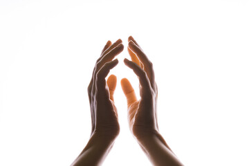 Hands make magic, or pray that the light falls from above on hand. Radiance between the palms.